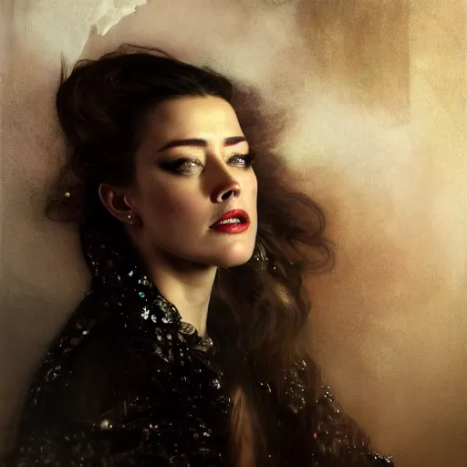 Image similar to hyperrealistic portrait of a woman as amber heard as a vampire witch tears makeup dramatic in a black flower coat reflection in a stone mirror greasy canvas. by jeremy mann and alphonse mucha, fantasy art, photo realistic, dynamic lighting, artstation, poster, volumetric lighting, very detailed faces, 4 k, award winning