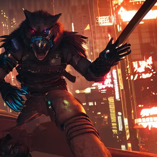 Prompt: cyberpunk wolfman holding a katana and jumping into action, tactical armor, action scene screenshot, unreal engine