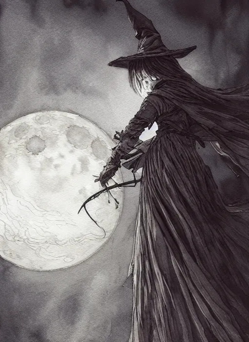 Image similar to witch in front of the full big moon, watercolor, dramatic lighting, cinematic, establishing shot, extremly high detail, foto realistic, cinematic lighting, pen and ink, intricate line drawings, by Yoshitaka Amano, Ruan Jia, Kentaro Miura, Artgerm, post processed, concept art, artstation, matte painting, style by eddie mendoza, raphael lacoste, alex ross