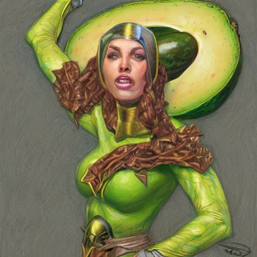 Prompt: avocado superheroine, by donato giancola.