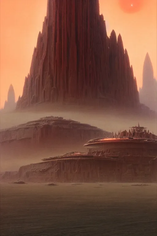 Prompt: emissary building from crait but on the surface of the planet dathomir by arthur haas and bruce pennington and john schoenherr, cinematic matte painting, 8 k, dark color palate