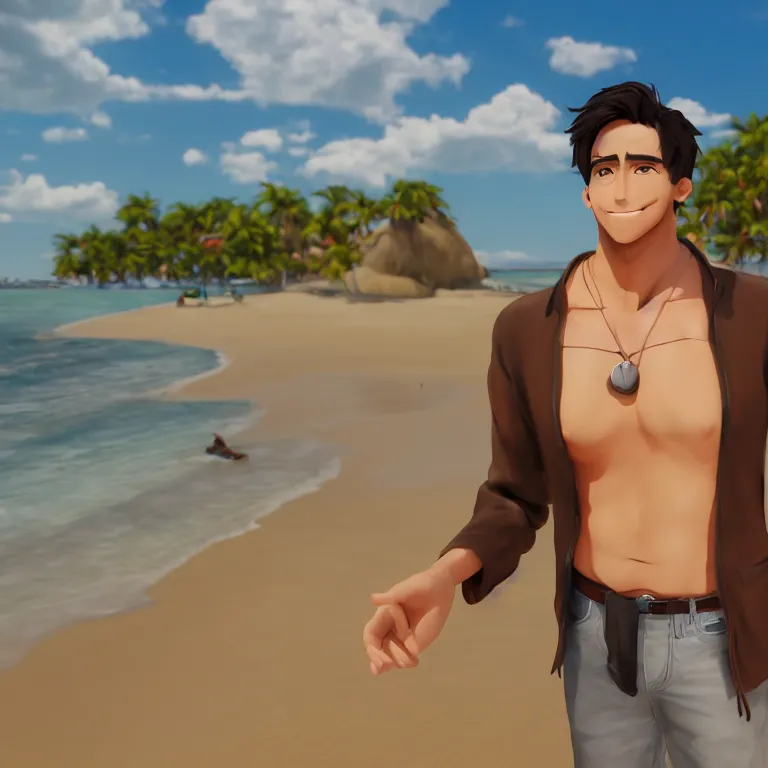 Image similar to Render of a very handsome 3d anime-style man, short hair, brown eyes, round face, cute smile, 5 o-clock shadow, open shirt, hairy chest, golden hour, serene beach setting, medium shot, mid-shot, highly detailed, trending on Artstation, Unreal Engine 4k