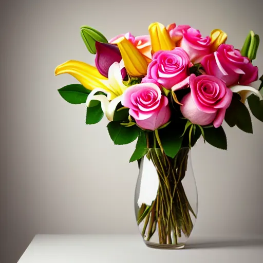 Image similar to studio photo of a bouquet of different shades of pink roses and lilies. window sun reflected in a light yellow background. amazing photography and lighting, bokeh,