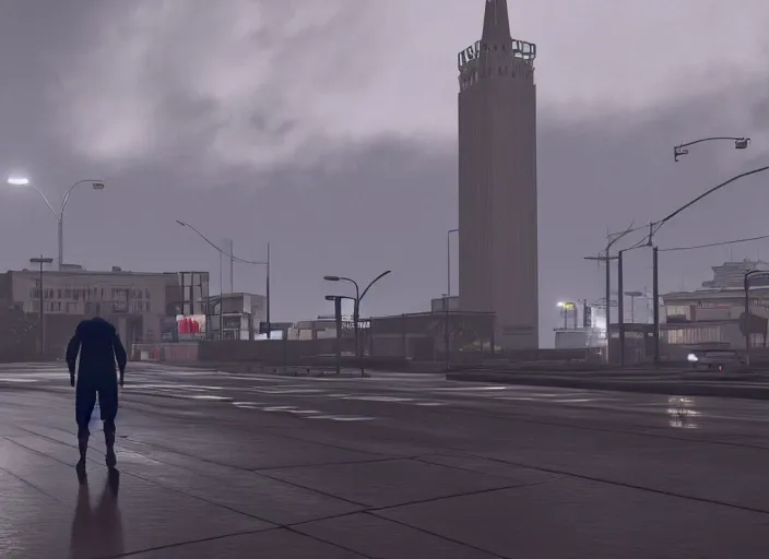Prompt: cinematic screenshot gta 5, rain, man in adidas tracksuit, churches, buildings, road, moskvich, rtx reflections, moscow, soviet apartment buildings, award winning, trending on artstation, intricate details, realistic, hyperdetailed, 8 k resolution