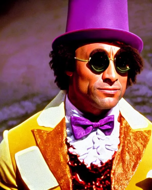 Image similar to Film still close-up shot of Dwayne Johnson as Willy Wonka from the movie Willy Wonka & The Chocolate Factory. Photographic, photography