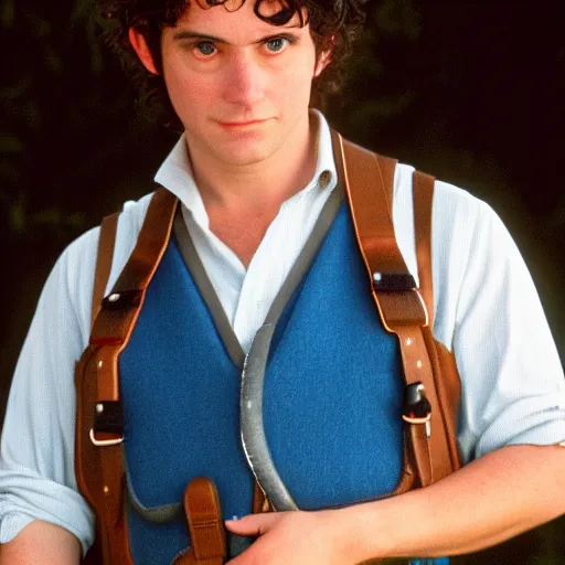 Image similar to close up headshot of a frowning clean shaven pudgy British lad with short curly dark brown hair as a hobbit wearing a white men's crossbody sling chest bag and blue vest, blue vest!! white crossbody chestbag!! high resolution film still, movie by Peter Jackson