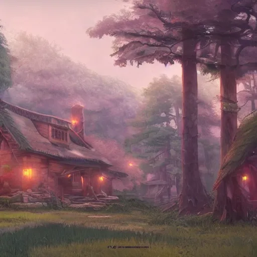 Image similar to concept art painting of houses made out of trees, in a deep forest, realistic, detailed, cel shaded, in the style of makoto shinkai and greg rutkowski and james gurney