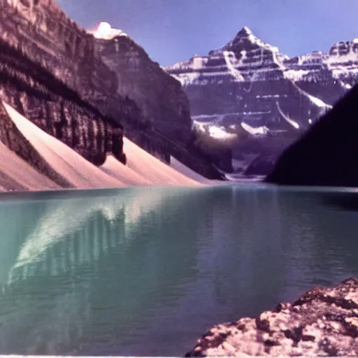 Prompt: still taken from 1945 film of Lake Louise in Banff National park, the water is orange