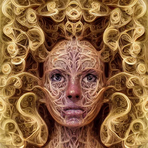 Image similar to face portrait of a beautiful woman, 150 mm, anatomical, flesh, flowers, mandelbrot fractal, veins, arteries, symmetric, intricate, golden ratio, full frame, microscopic, elegant, highly detailed, ornate, ornament, elegant , luxury, beautifully lit, ray trace, octane render in the style of peter Gric , alex grey and Romero Ressendi