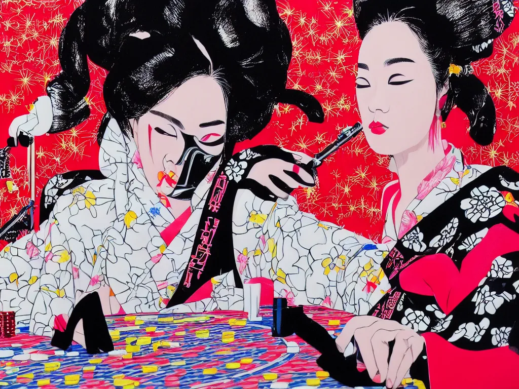 Image similar to hyperrealism composition of the detailed woman in a japanese kimono sitting at an extremely detailed poker table with darth vader, fireworks on the background, pop - art style, jacky tsai style, andy warhol style, acrylic on canvas