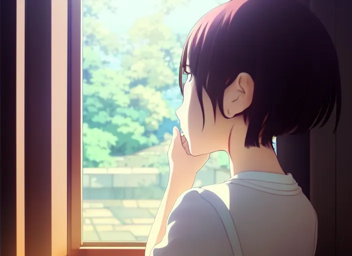 Image similar to anime film still portrait of a young woman looking at her kitchen window, cute face by ilya kuvshinov, yoshinari yoh, makoto shinkai, katsura masakazu, dynamic perspective pose, detailed facial features, kyoani, rounded eyes, crisp and sharp, cel shad, anime poster, ambient light