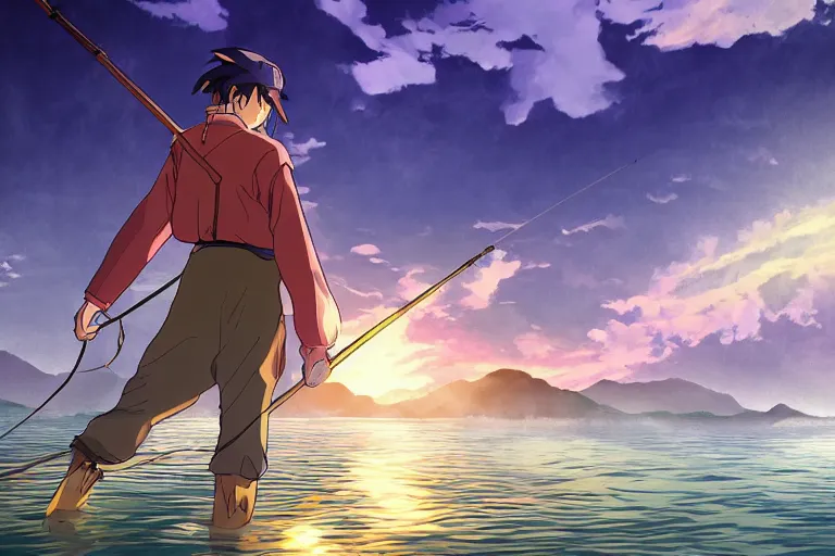 Image similar to cell shaded anime key visual of a fantasy isekai fisherman on a lake in the style of studio ghibli, moebius, makoto shinkai, dramatic lighting