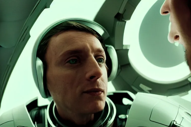 Prompt: VFX movie of a futuristic cyborg spaceman closeup portrait in high tech spaceship, beautiful natural skin neon lighting by Emmanuel Lubezki