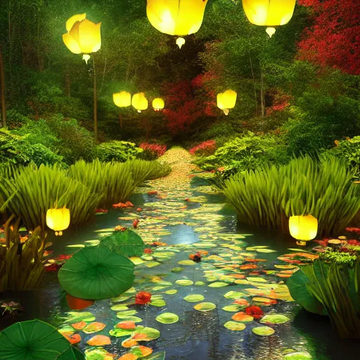 Prompt: photorealistic beautiful lotus blossom forest at dusk with paper lanterns illuminating a cobblestone pathway. hyperdetailed photorealism, 1 0 8 megapixels, koi pond, amazing depth, glowing rich colors, powerful imagery, psychedelic overtones, 3 d finalrender, 3 d shading, cinematic lighting, artstation concept art