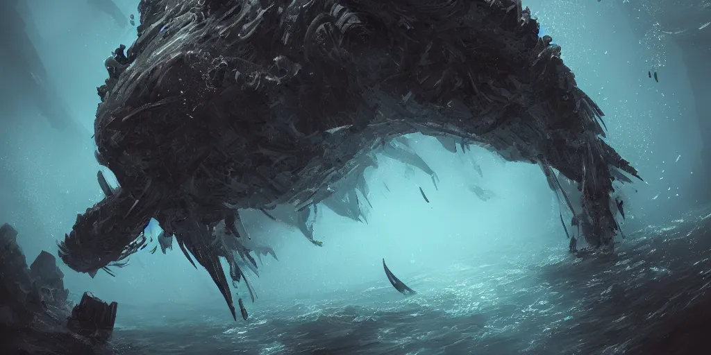 Image similar to deep underwater in the darkness, enormous maw of a huge creature, digital art, trending on artstation