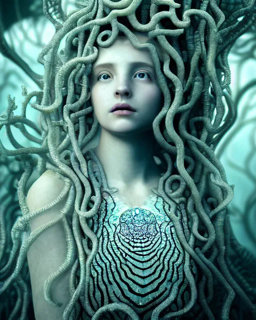 Image similar to surreal mythical dreamy underwater artistic bw photo of a beautiful young female angelic - medusa - cyborg covered with fish scales and algae, highly detailed, intricate crystal ivy jelly fish scales ornate, poetic, octane render, 8 k, photo - realistic, in the style of gustave dore and preraphaelites