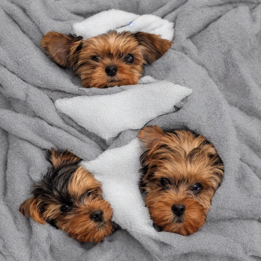 Image similar to digital painting of a cute adorable yorkie puppy sleeping on a soft blanket