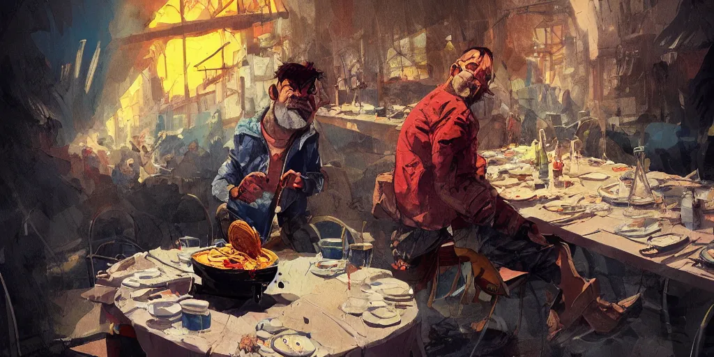 Prompt: cartoonish neil young eating dinner, vivid colors, character sheet, fine details, concept design, contrast, kim jung gi, greg rutkowski, trending on artstation, 8 k, full body, turnaround, front view, back view, ultra wide angle