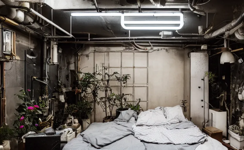 Image similar to akihabara bedroom interior, concrete, punk, bed, neon japanese lights, modernism, white, beige, black, minimalism, industrial, pipes, rust, little windows, plants, retro futurism, cyberpunk