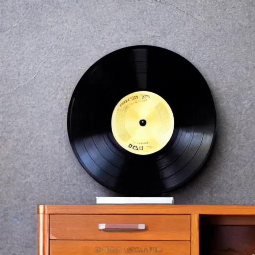 Prompt: a golden record on a black desk,