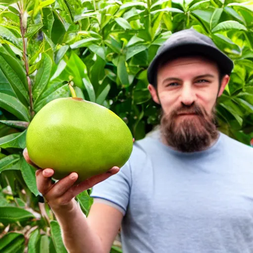Prompt: a man holding a green fruit with human mouths on it, next to the main plant
