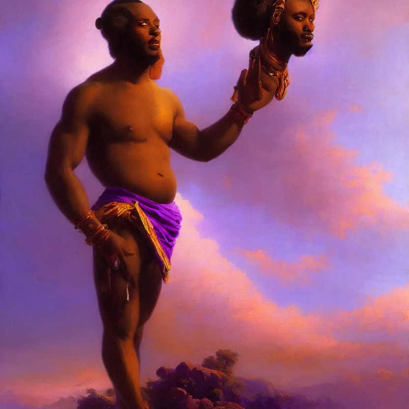 Prompt: handsome african god in a loincloth, posing against a royal purple backdrop by ivan aivazovsky, oil painting, beautiful soft lighting, saturated colours, artstation