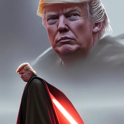 Image similar to Donald Trump as a jedi hero, capitol hill, post-apocalyptic, cinematic, atmospheric, highly detailed, artstation, wlop, stålenhag, Emanuel Leutze