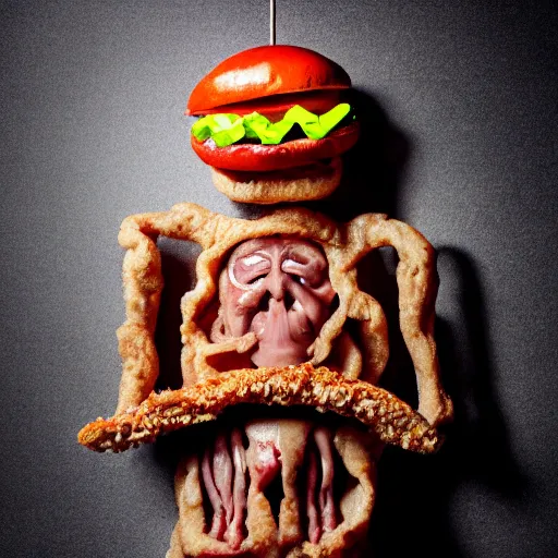 Image similar to a humanoid bipedal upright zombie that strongly resembles a hamburger, professional food photography