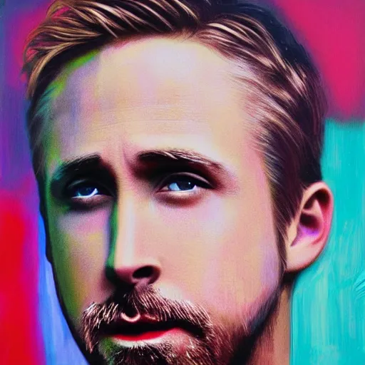 Image similar to ryan gosling portrait in detail in oil using block colour by james jean,