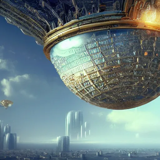 Image similar to enormous flying city in a faberge egg, sky, steampunk, fantasy art, masterpiece, hugh ferriss, octane render