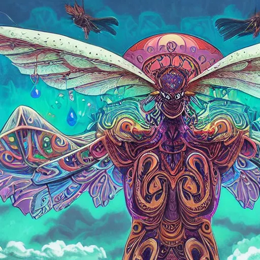 Image similar to 8K Portrait of centered chest up of a psychedelic godlike mothman with giant mandala wings smoking a hand-rolled cigarette smoking heavily , magic mushroom village in background , post-processing , award winning. superb resolution. in the art style of junji Ito and greg rutkowski . Detailed Mushroom city in background. Hyper realistic anime. Perfect art. Dalle2