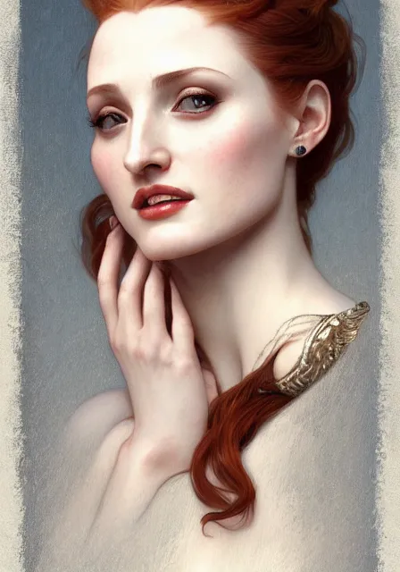 Image similar to sansa angeline jolie gessica chastain vampire teeth, intricate, elegant, highly detailed, digital painting, artstation, concept art, smooth, sharp focus, illustration, art by artgerm and greg rutkowski and alphonse mucha and william - adolphe bouguereau