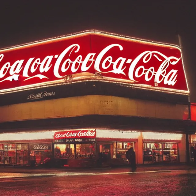 Prompt: kodachrome photograph, saturated photo, neon coca - cola sign on a rainy night