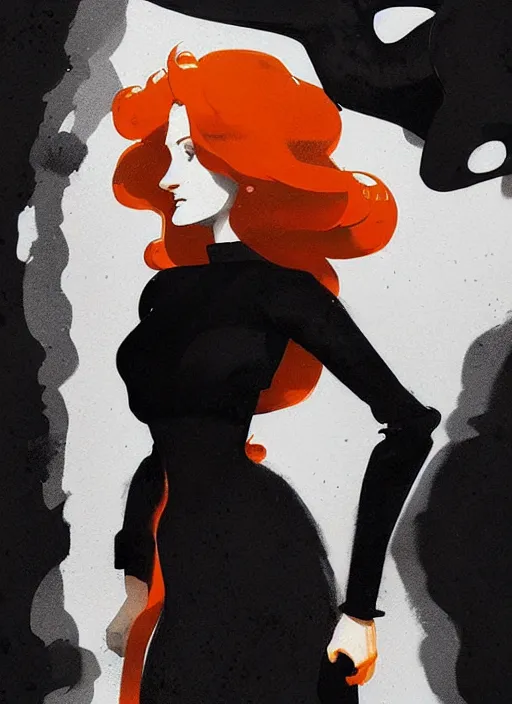 Image similar to highly detailed closeup portrait of beautiful grace gummer as dom dipierro, wavy ginger hair, black dress, by atey ghailan, by greg rutkowski, by greg tocchini, by james gilleard, by joe fenton, by kaethe butcher, gradient orange, black and white color scheme, grunge aesthetic!!! ( ( graffiti tag wall background ) )