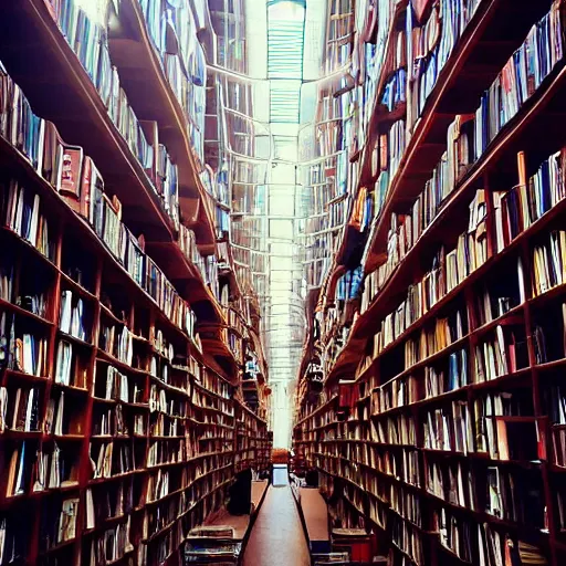 Prompt: “lost in a labyrinth that is Powell’s City of Books. Sunlit. Lots of clarity. photo”