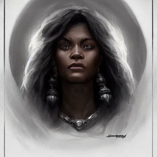 Image similar to headshot immortal blac female wizard ; black brown skin ; white hair ; wise, realistic shaded lighting poster by craig mallismo, artgerm, jeremy lipkin and michael garmash, unreal engine, radiant light, detailed and intricate environment, digital art, art station trends