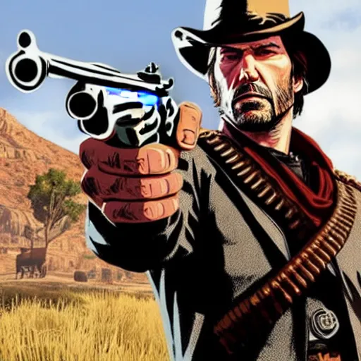 Image similar to Cover art of Red Dead Redemption 3, no text, Keanu Reeves as the main character