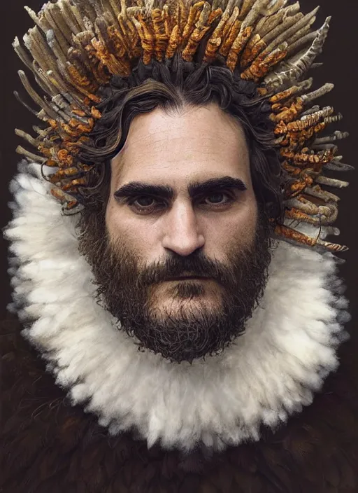 Image similar to a hyper detailed portrait of joaquin phoenix with a crown made of animals, cow horns, sheep wool, chicken feather armor, majestic, angelic, by anna podedworna, by miklos ligeti, by diego maricato, by taran fiddler, by antonino truisi, by chris reddie, by jinsung lim, trending on artstation