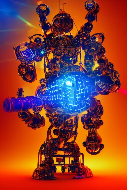 Image similar to portrait photo of a giant huge golden and blue metal futuristic steampunk robot with a red guitar covered with multicolored big gears and tubes, eyes are glowing red lightbulbs, shiny crisp finish, 3 d render, 8 k, insaneley detailed, fluorescent colors, background is multicolored lasershow