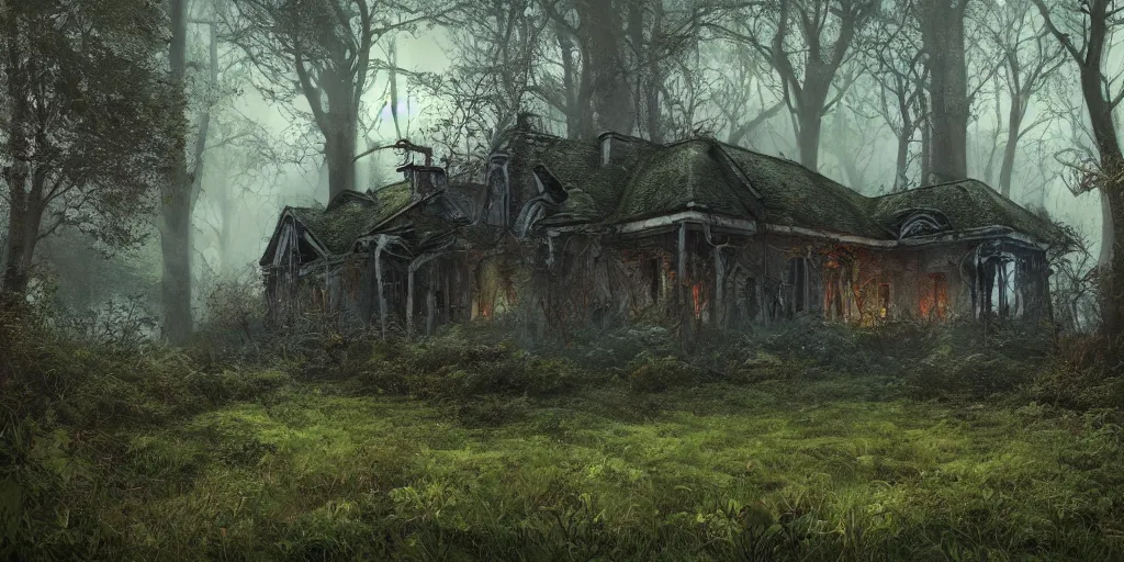 Prompt: photorealistic, ruined english bungalow, overgrown vegetation, in the forest, apocalypse, night, fog, shadowy creatures lurking in foliage, cthulhu, hellscape, hyperrealistic, grimdark, artstation