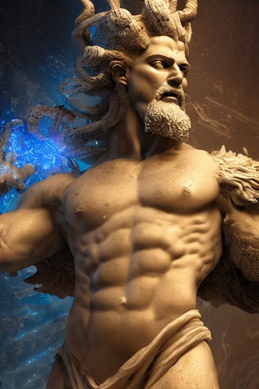 Prompt: hyperrealistic mixed media painting of zeus, full body, stunning 3 d render inspired art by p. craig russell and barry windsor - smith dim volumetric lighting, 8 k octane beautifully detailed render, post - processing, intricate, epic composition, grim yet sparkling atmosphere, cinematic lighting