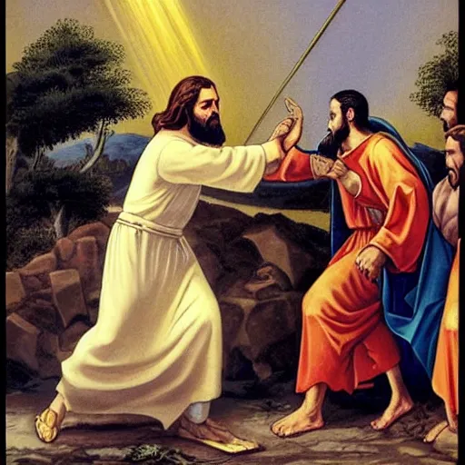 Image similar to Jesus fighting the pope