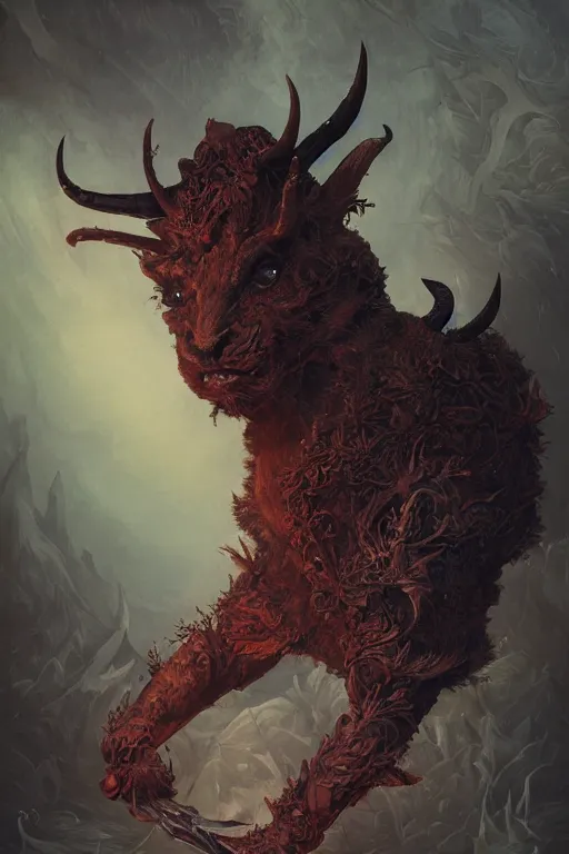 Prompt: a full body portrait of a devil myth fauna creature by illustrated by miyazaki by karol bak, james jean, tom bagshaw, rococo, sharp focus,, animal, creature design trending on artstation, cinematic lighting, hyper realism, octane render, 8 k, hyper detailed, vivid, ultra detailed, highly detailed