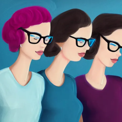 Prompt: three girls, one of them wear a pink dress, the other a black dress and the lat one a blue dress, they all wear glasses, digital painting, hd, elegant, smooth