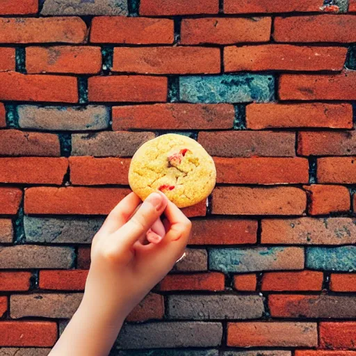 Image similar to plastic doll with giant realistic hands eating a cookie sitting on brick wall, garden background, sky, photo, hd