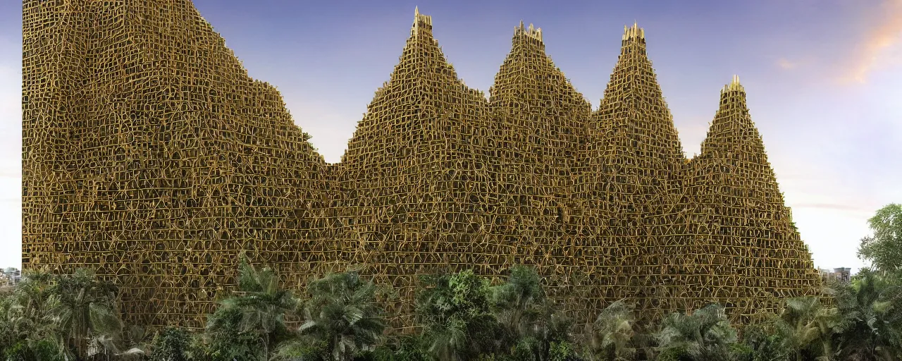 Image similar to babylon tower, stacked volumes, vegetated roofs, golden architecture, golden intricate details, ancient sacred geometry