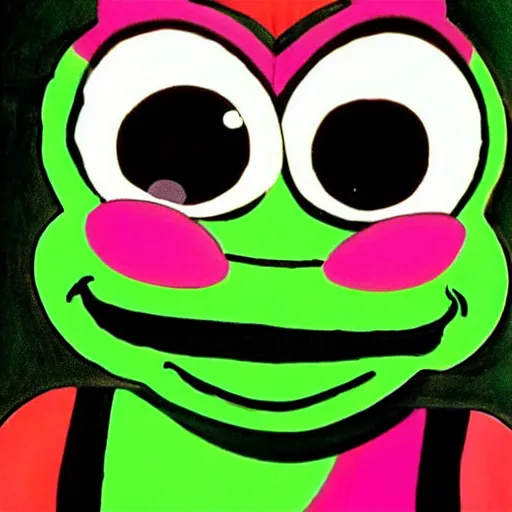 Image similar to A colorful pepe the frog clown, crazy, funny, stupid