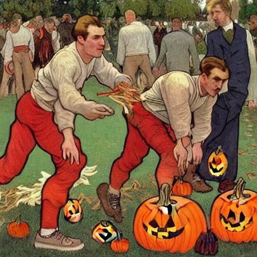 Image similar to painting of arkansas razorbacks playing football with pumpkins at the halloween! party, bubbling cauldron!, candles!, graveyard, gravestones, ghosts, smoke, autumn! colors, elegant, wearing suits!, clothes!, delicate facial features, art by alphonse mucha, vincent van gogh, egon schiele