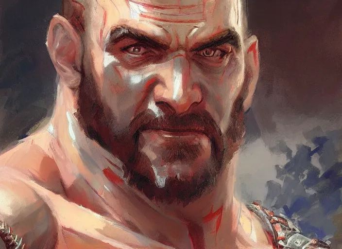 Image similar to a highly detailed beautiful portrait of saul goodman as kratos, by gregory manchess, james gurney, james jean