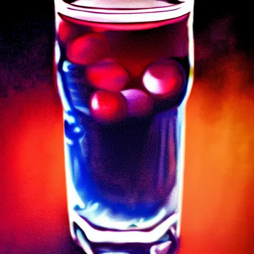 Prompt: photorealistic digital painting of a glass of cherry soda, very dim red lights, very dim blue lights, very dark room, dark background, very photorealistic, resembles lemon demon - view - monster album art